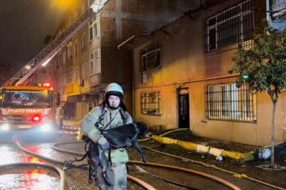 Alev alev yanan binadan köpeği kucağında çıkardı