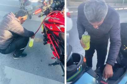 Motosiklet sürücüsünden ilginç yöntem: Bedava benzin topladı