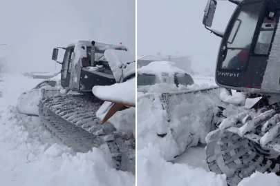 Uludağ'da zor anlar...Kimisi zıplayarak kurtulmaya çalıştı, kimisini kar küreme aracı sürükledi