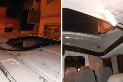 Fırtınada servis minibüsünün içine evin bacası düştü